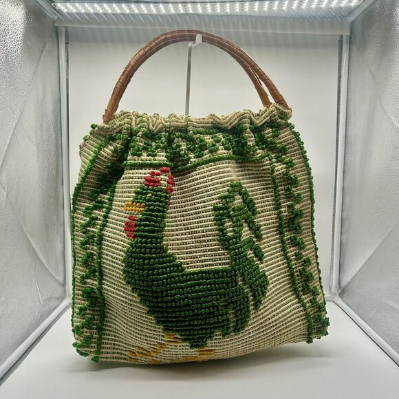 Vintage Woven Rooster‎ Tote Green Portugal 70's Vacation Unique Chicken Boho - Picture 3 of 11
